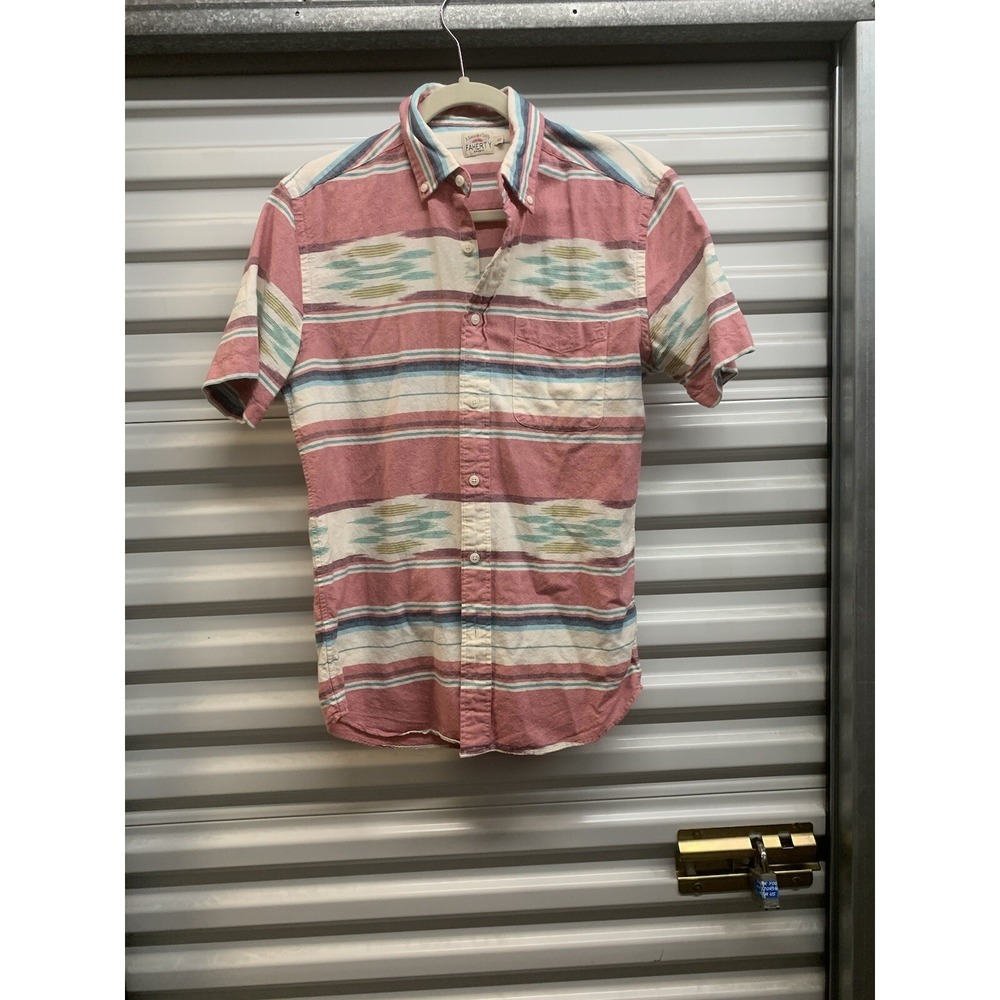 Mens Faherty Western Aztec Short Sleeve Button Down Pink White Small